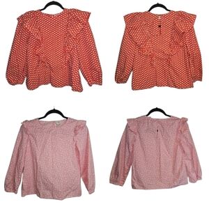 Lot of 2 Tops Crewcuts J. Crew Red & Pink Ruffle Blouse Long Sleeve Girls Large